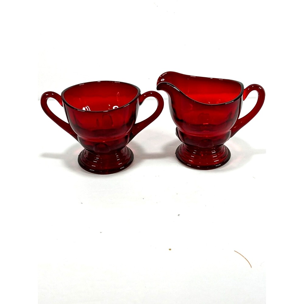 Moondrops Ruby Red Creamer Sugar Bowl New Martinsville Glass